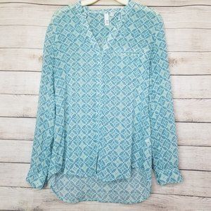 Kut from the Kloth Teal Print Sheer Long Sleeve Button Down Shirt Size Small